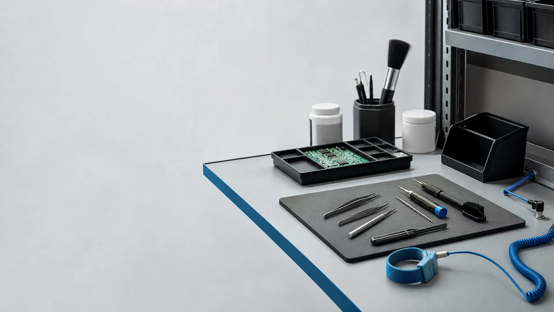 Controlled electronics bench with generic maintenance tools and organized component handling area.
