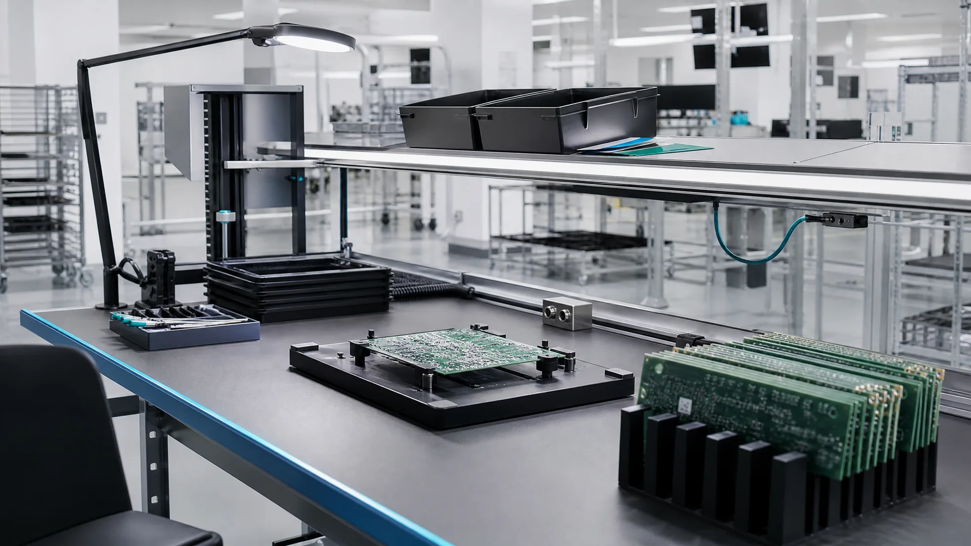 Controlled electronics manufacturing workstation with process fixtures and circuit-board handling context.