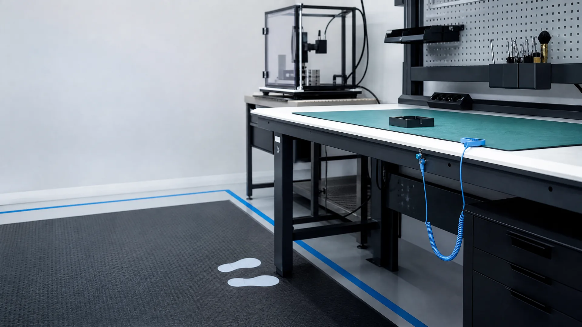 Controlled ESD workstation environment with organized test area and floor-mat boundary.