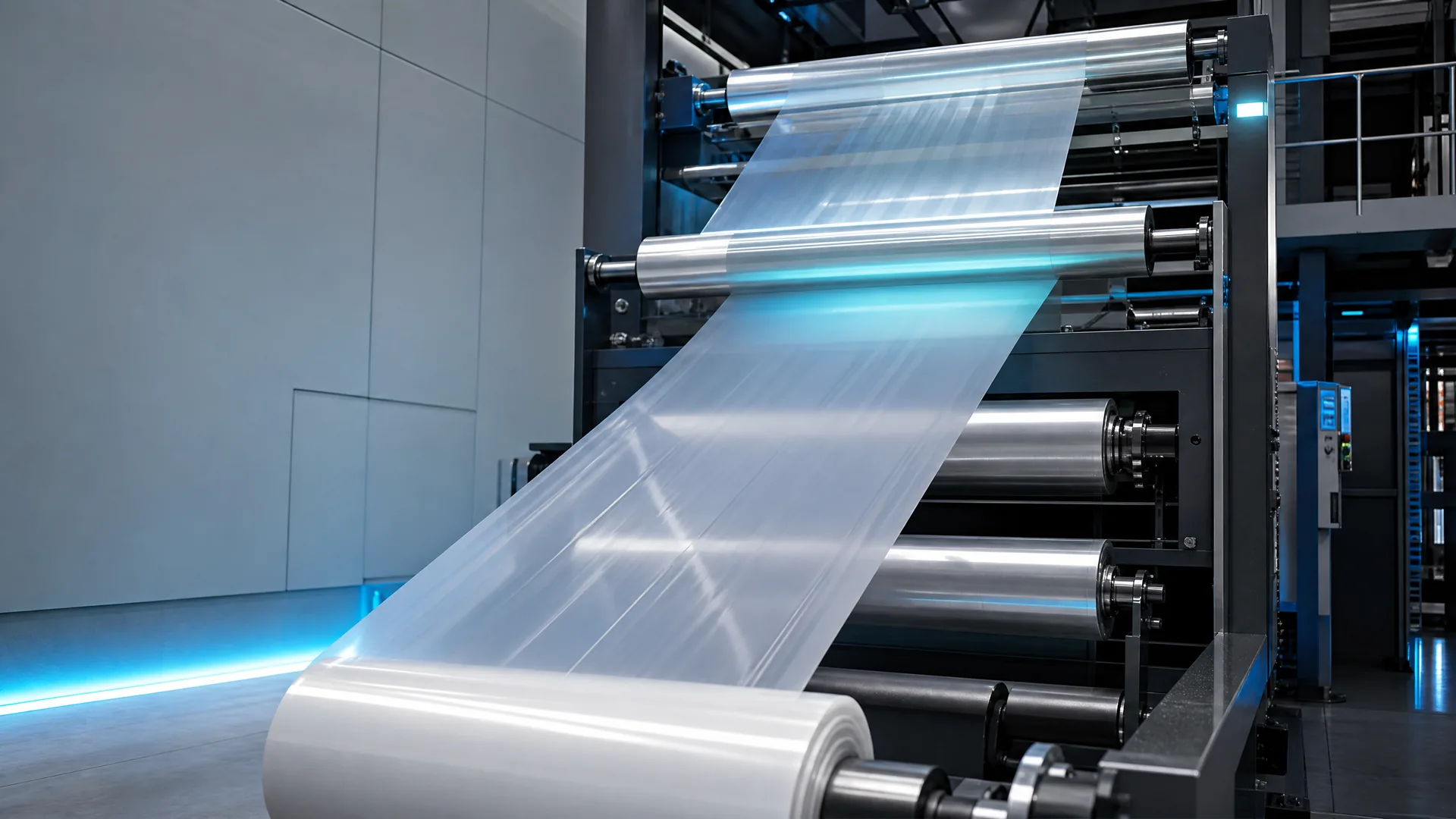 Continuous polymer film moving through an industrial roller process.