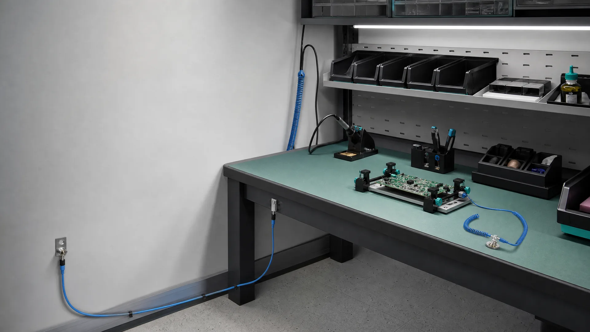 Orderly electronics workbench with grounded process connections and controlled work surface.