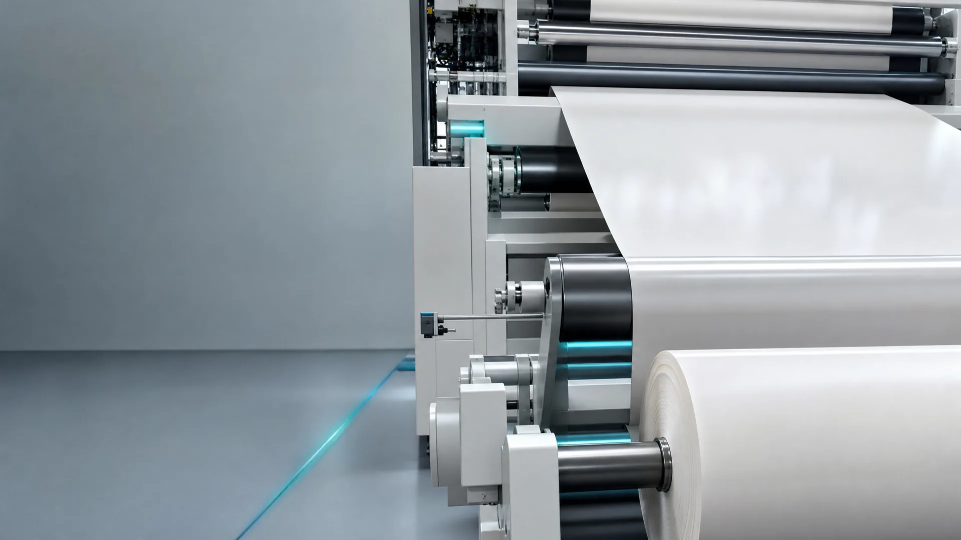 Wide continuous web moving through an unbranded industrial converting process.