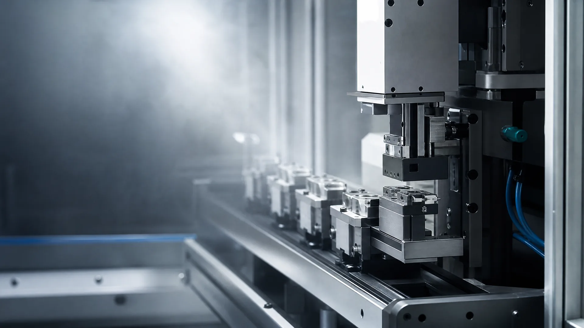 Guarded precision fixture inside a clean enclosed manufacturing process.