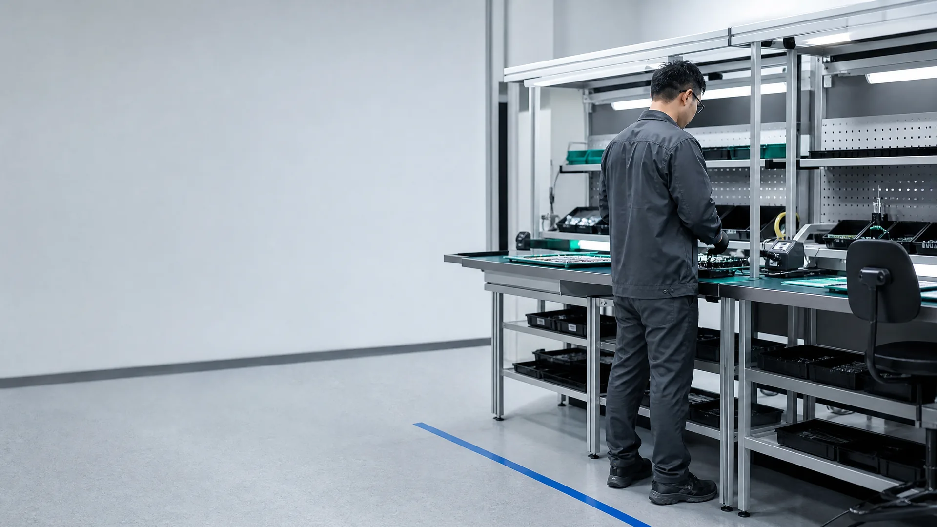 Technician in plain industrial workwear at a controlled electronics assembly workstation.