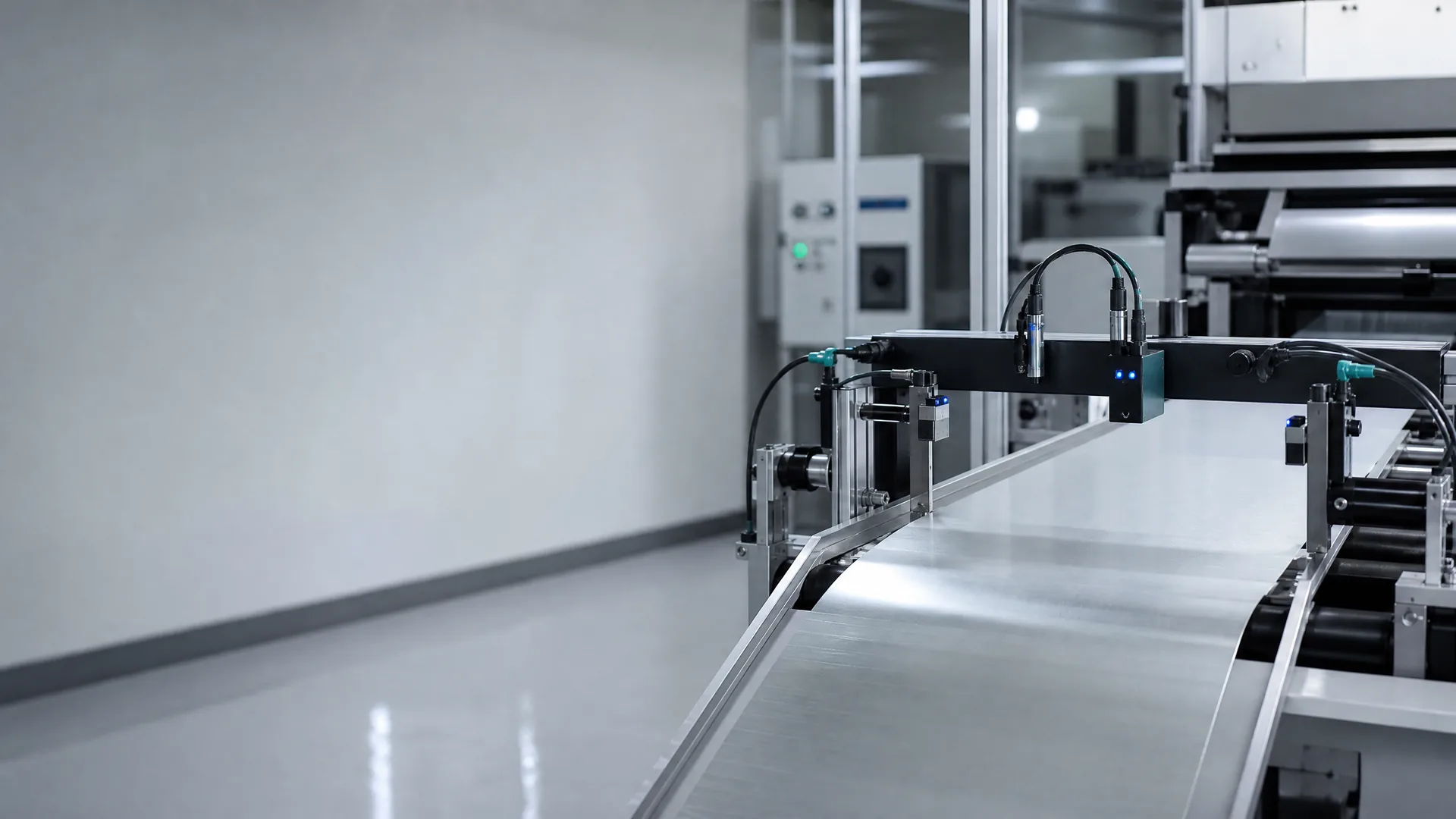 Lightweight material moving through a guided industrial inspection area.