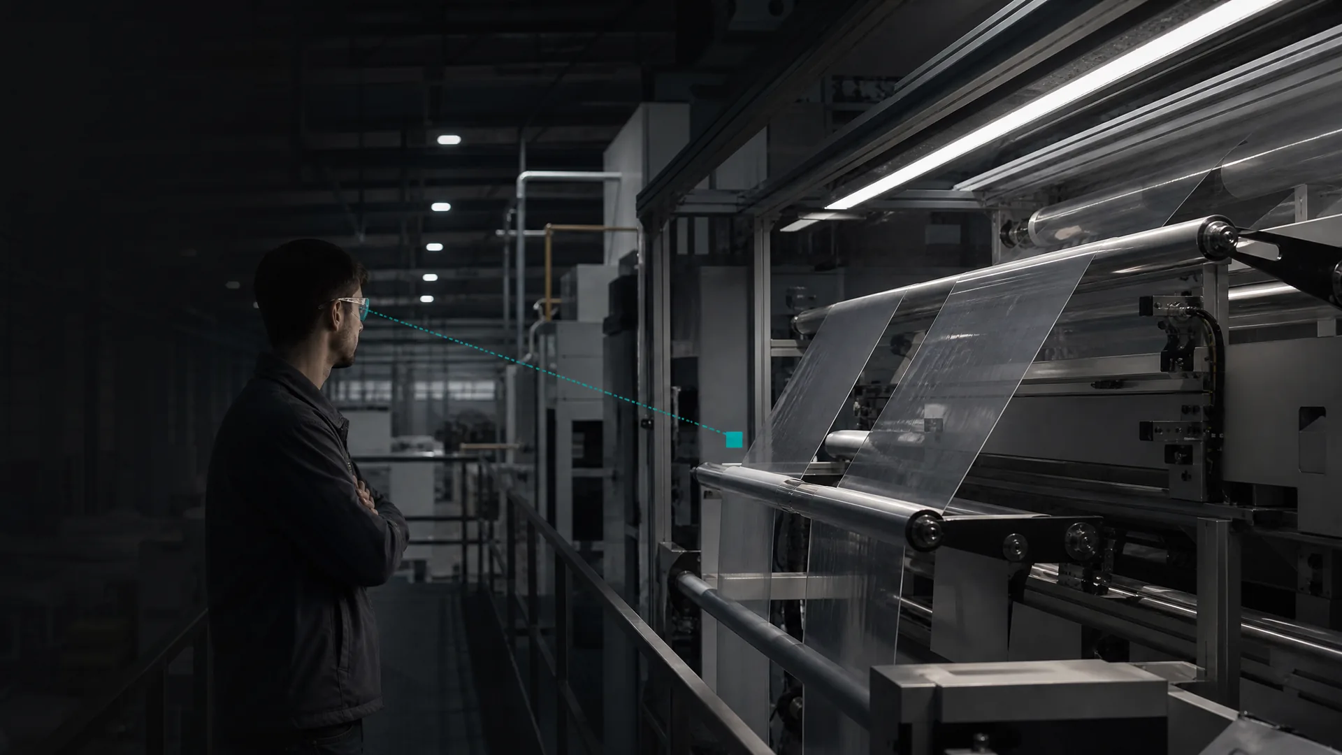 Industrial material path under an inspection zone in a controlled manufacturing process.